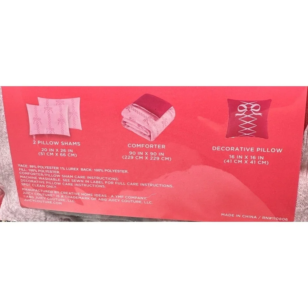 Juicy Couture Pink Bow Embossed Queen Comforter Set Pillow Plush 4pc Coquette